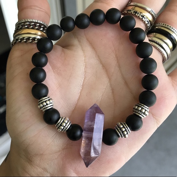 Amethyst bead bracelet . Genuine double point amethyst crystal & onyx gemstones - Picture 4 of 9
